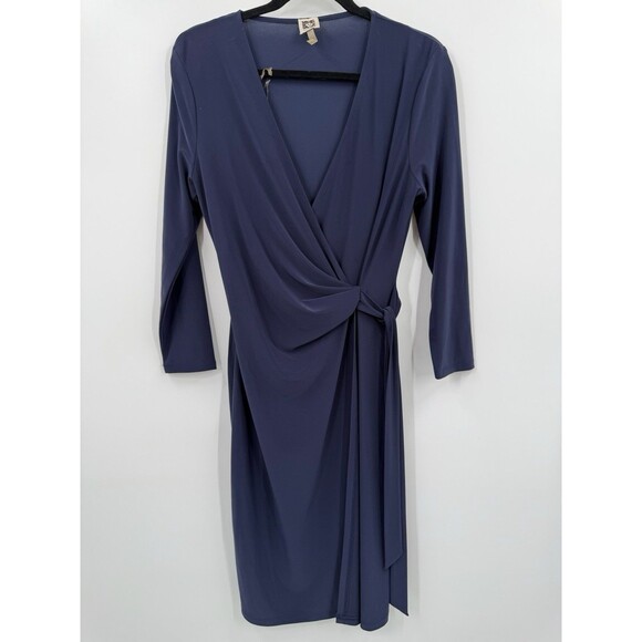 Ann Klein Size 10 Wrap Dress Blue Classic Knit 3/4 Slv Short Career Day to Night - Picture 1 of 6